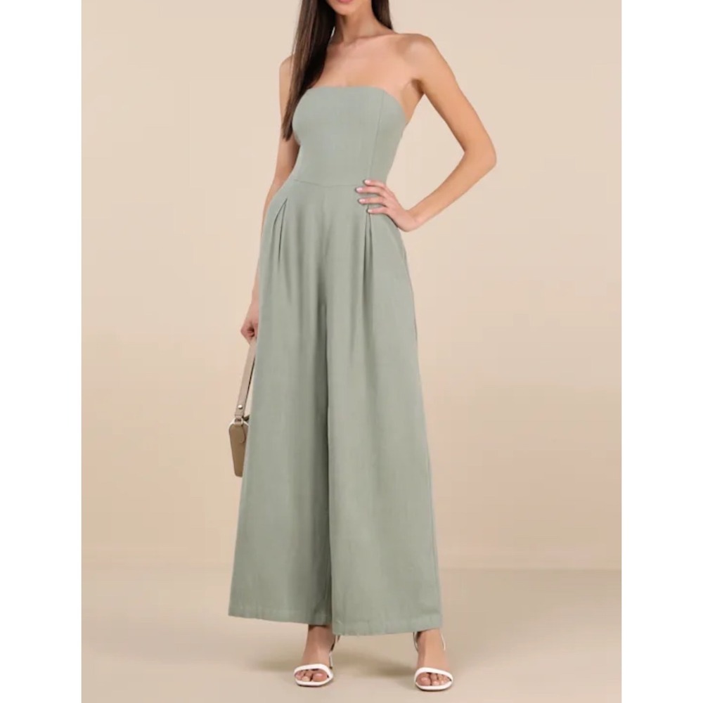 NWT Lulus Breezy Essential Sage Green Linen Wide-Leg Jumpsuit XL - Picture 1 of 6